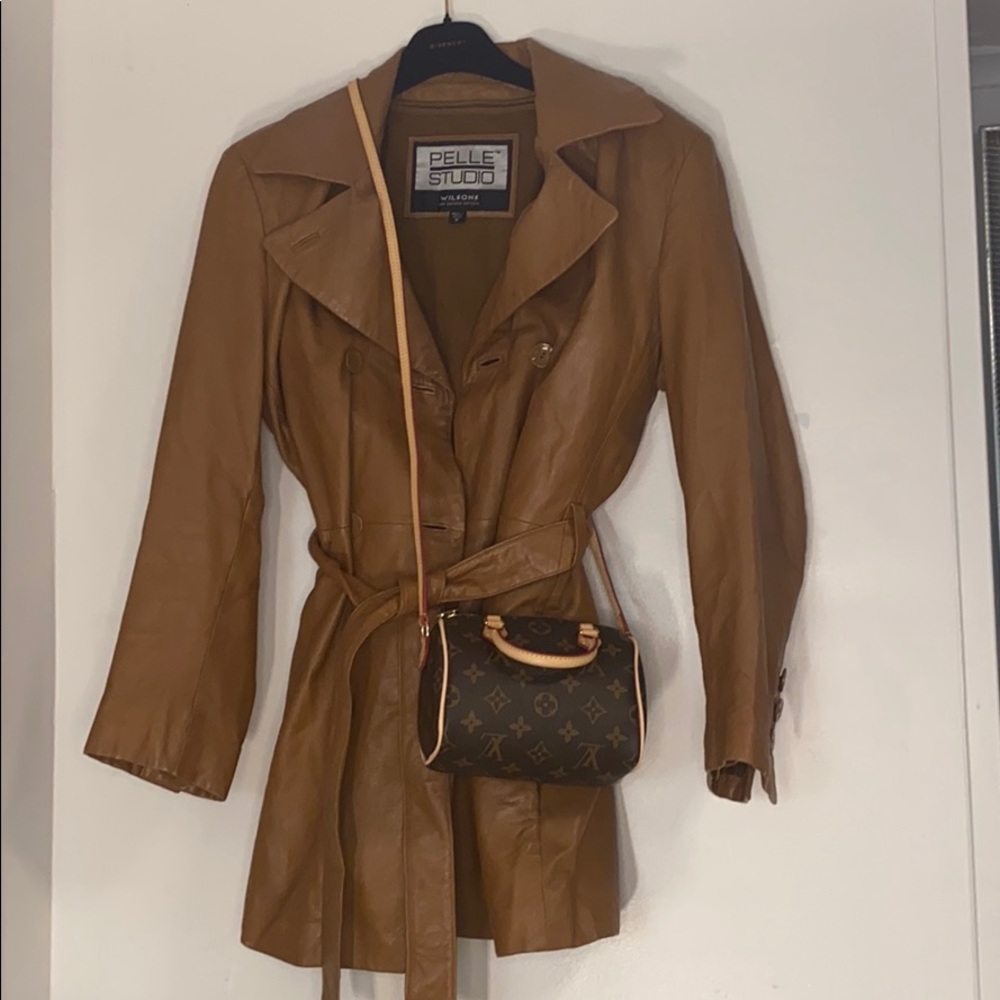 Double breasted tan leather jacket
